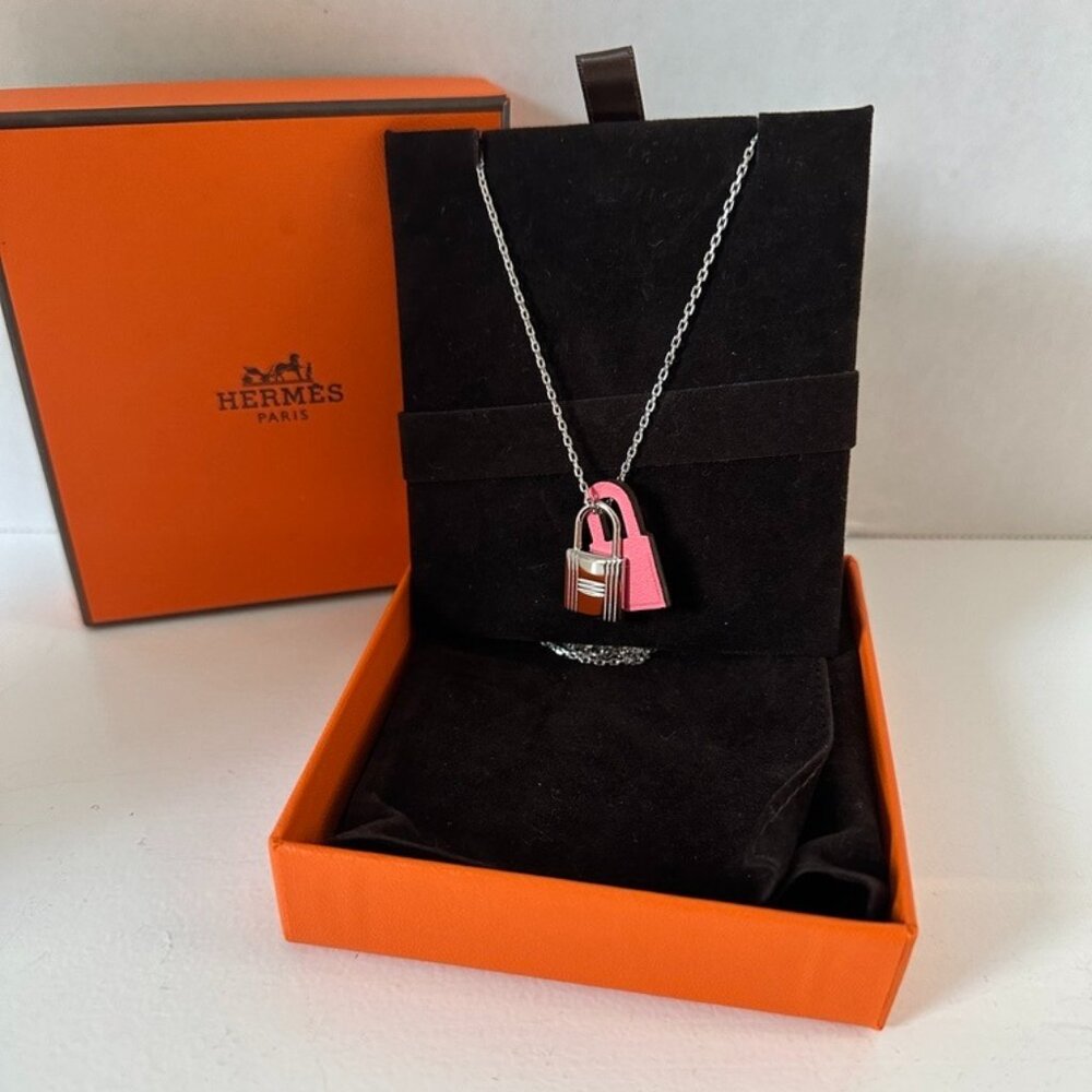 Hermes O'Kelly Necklace Pendant Padlock Pink Leather x Palladium Plated (142012)